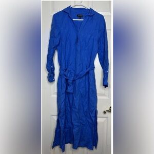 Woman J.CREW Royal Blue 100% Linen Button  L/s Long Dress Sz XS EUC